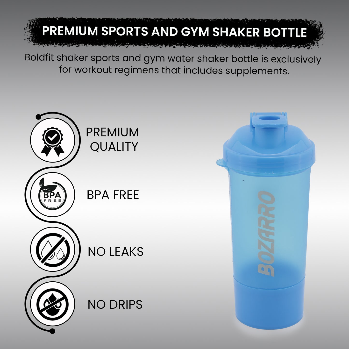 Premium Sports Shaker Bottle | Gym Shaker Bottle for Protein Shake | Leakproof | Shaker Bottle for Men & Women |600ML-Blue