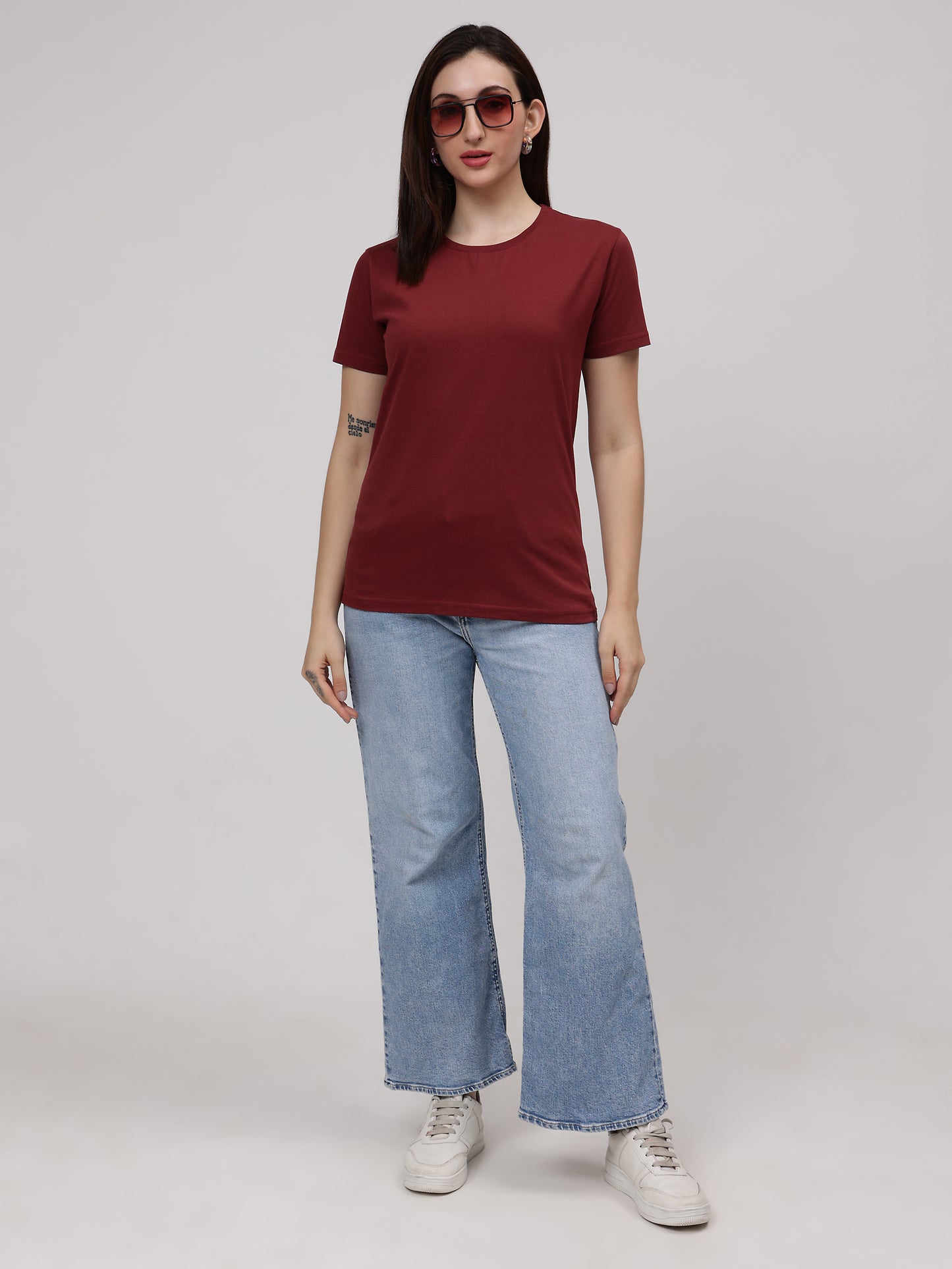 Women's Cotton T Shirt | Round Neck T Shirt | Round Neck Half Sleeve T shirt-Maroon