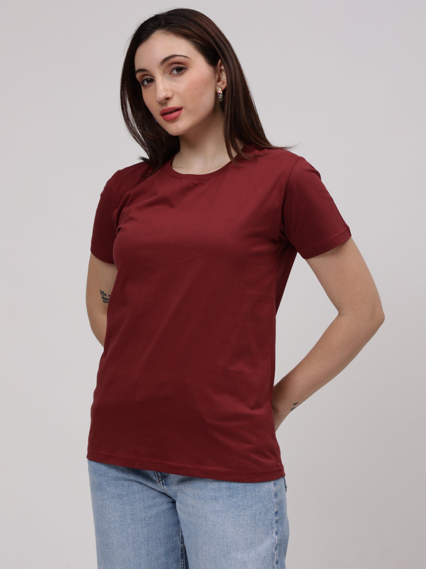 Women's Cotton T Shirt | Round Neck T Shirt | Round Neck Half Sleeve T shirt-Maroon