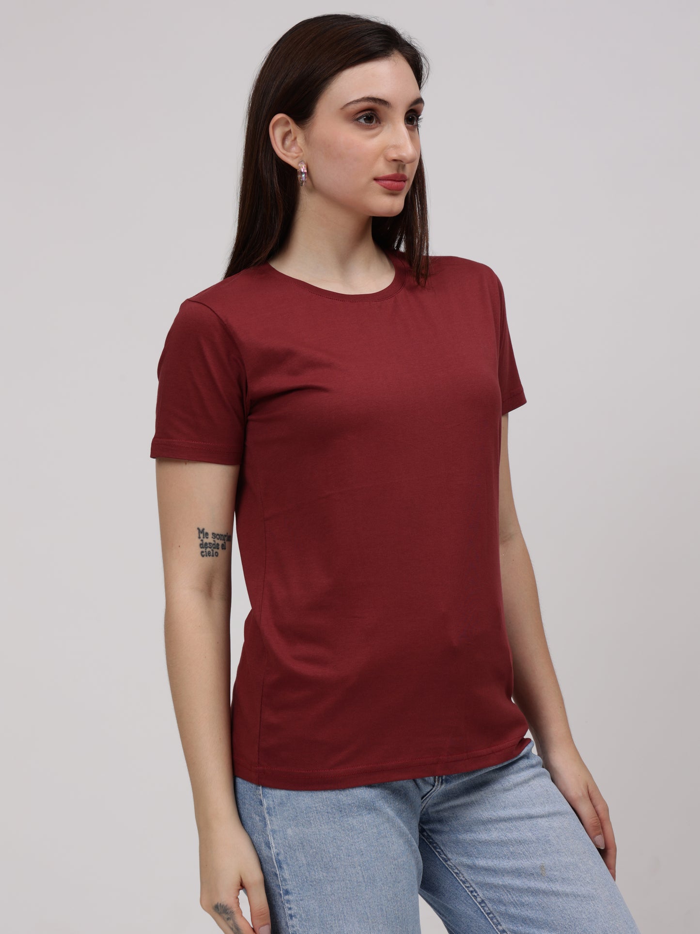 Women's Cotton T Shirt | Round Neck T Shirt | Round Neck Half Sleeve T shirt-Maroon