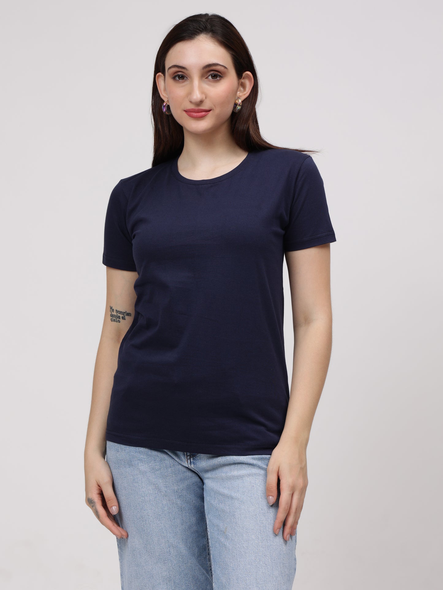 Women's Cotton T Shirt | Round Neck T Shirt | Round Neck Half Sleeve T shirt-Oxford Blue