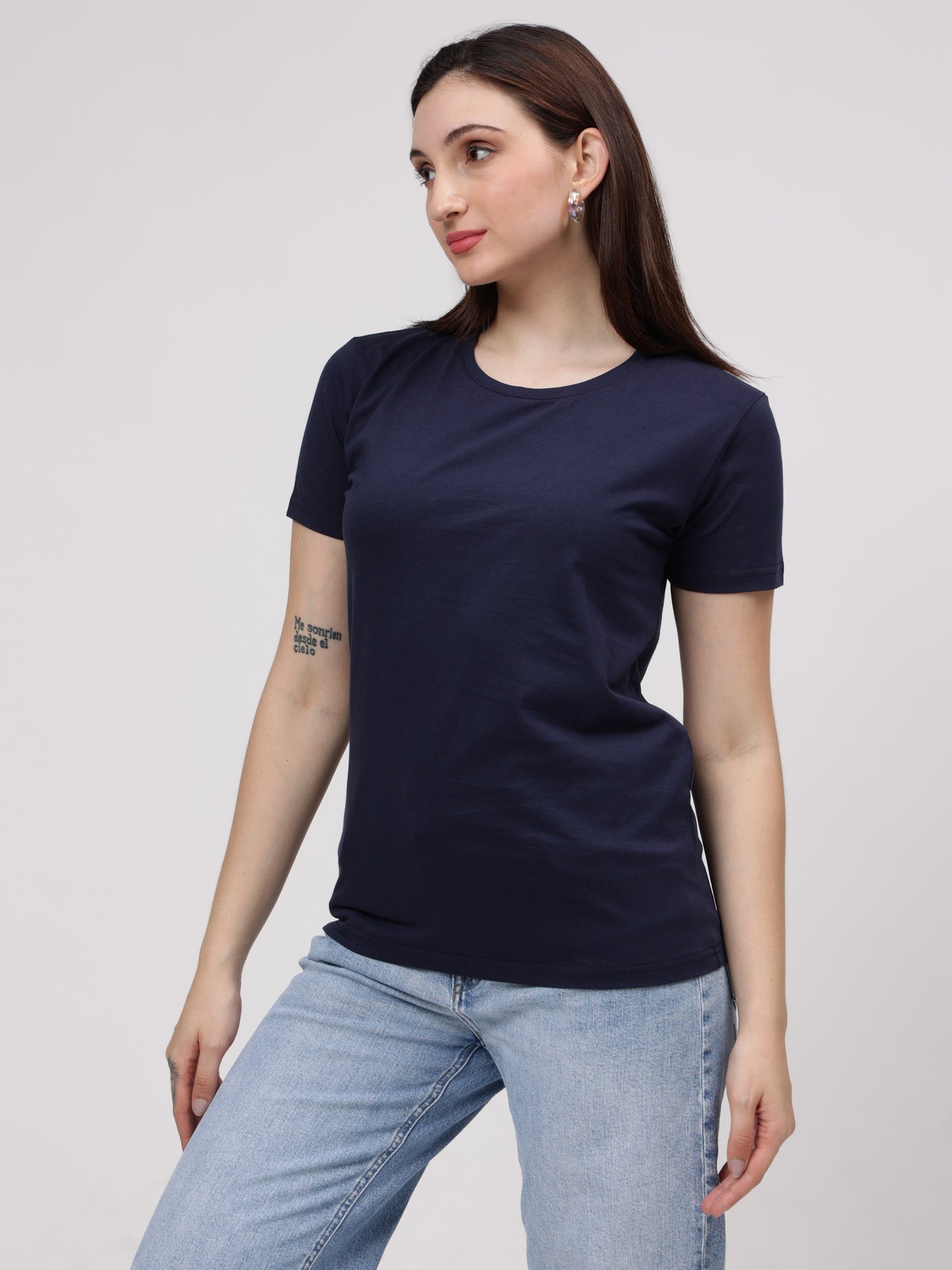 Women's Cotton T Shirt | Round Neck T Shirt | Round Neck Half Sleeve T shirt-Oxford Blue