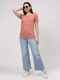 Women's Cotton T Shirt | Round Neck T Shirt | Round Neck Half Sleeve T shirt-Salmon Pink