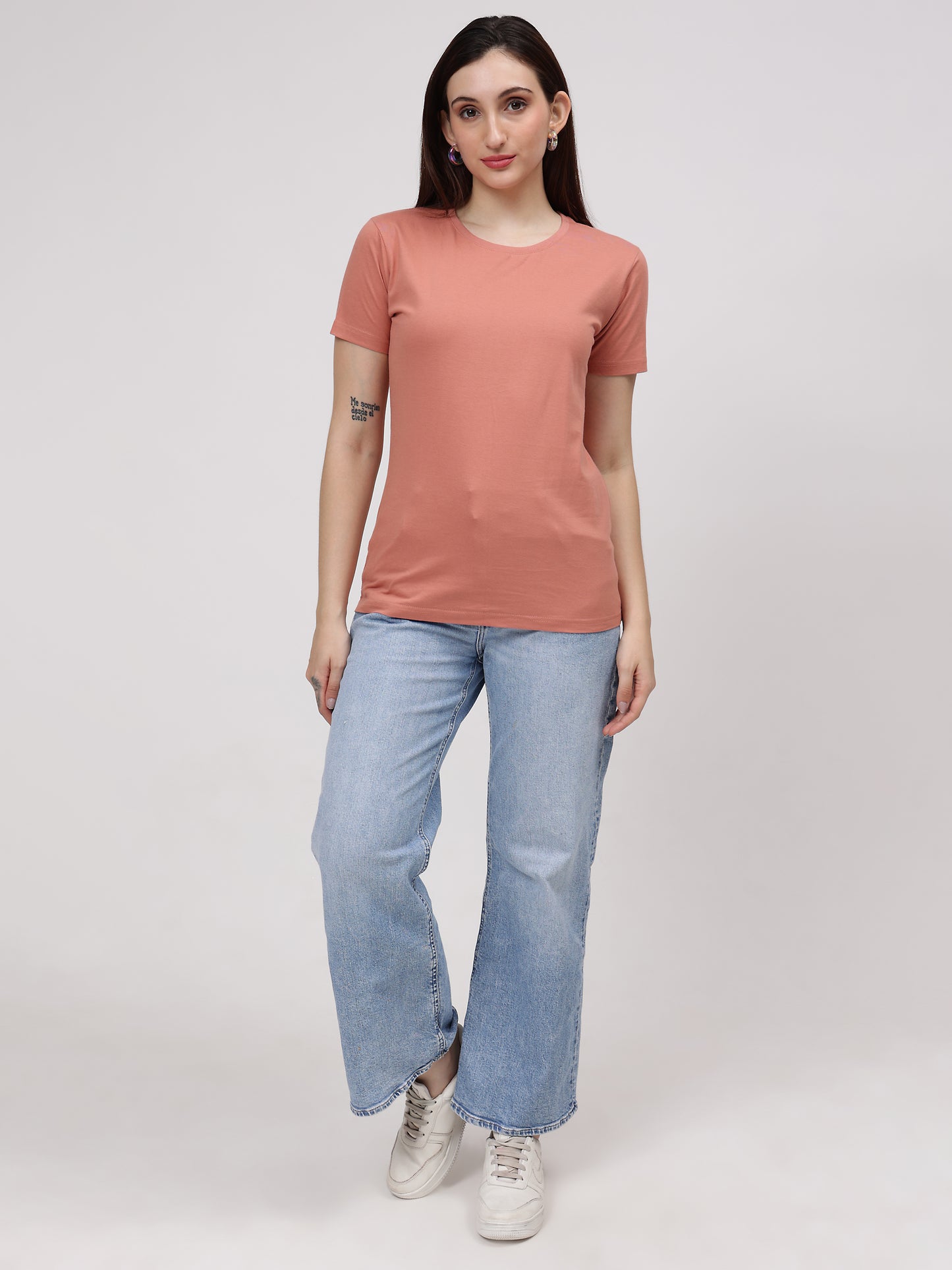 Women's Cotton T Shirt | Round Neck T Shirt | Round Neck Half Sleeve T shirt-Salmon Pink