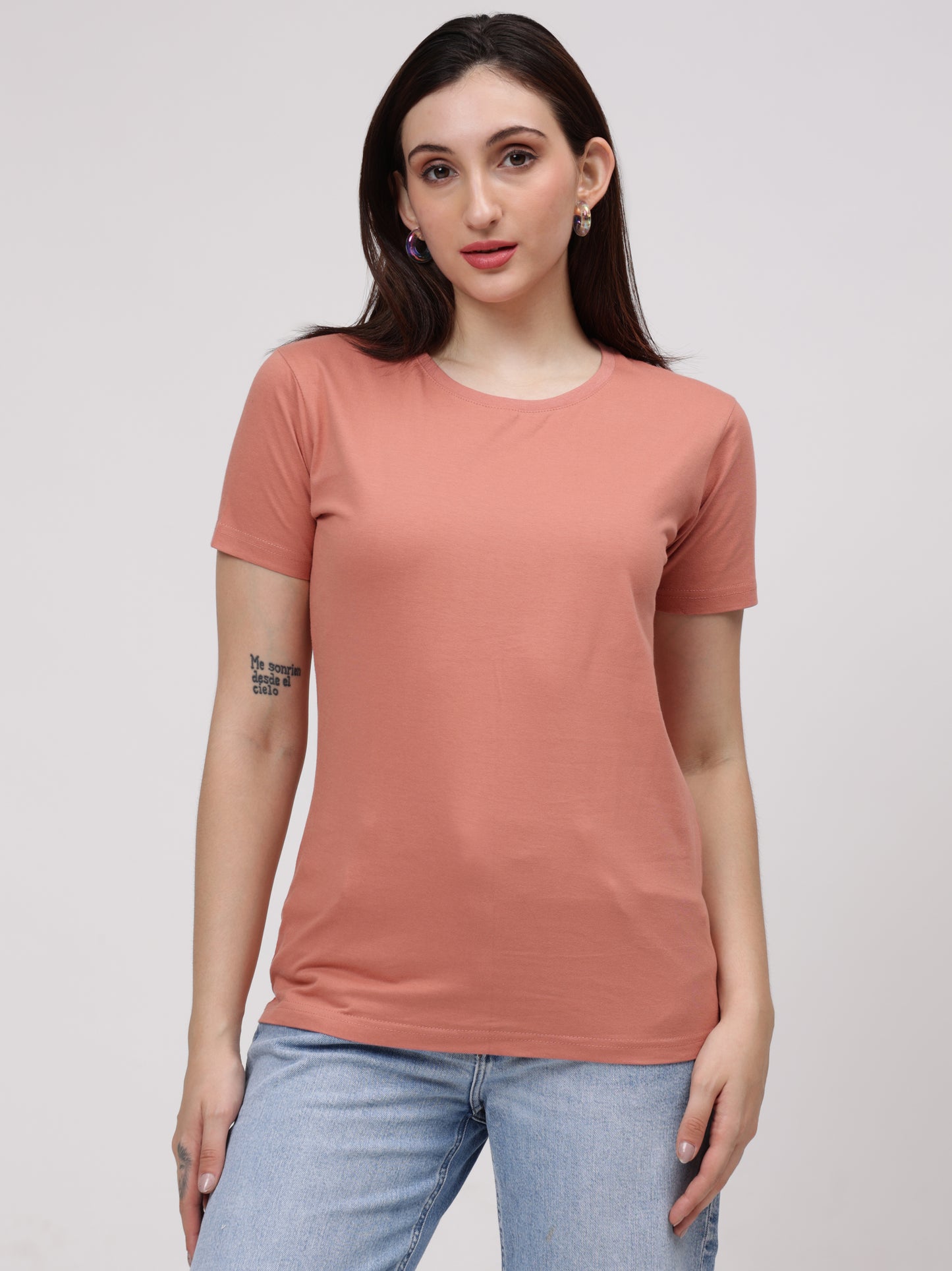 Women's Cotton T Shirt | Round Neck T Shirt | Round Neck Half Sleeve T shirt-Salmon Pink