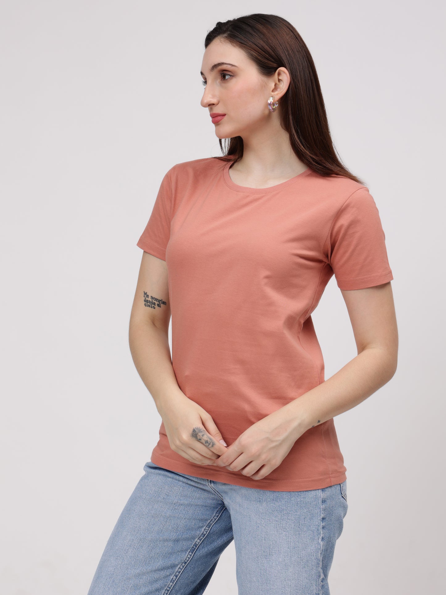 Women's Cotton T Shirt | Round Neck T Shirt | Round Neck Half Sleeve T shirt-Salmon Pink